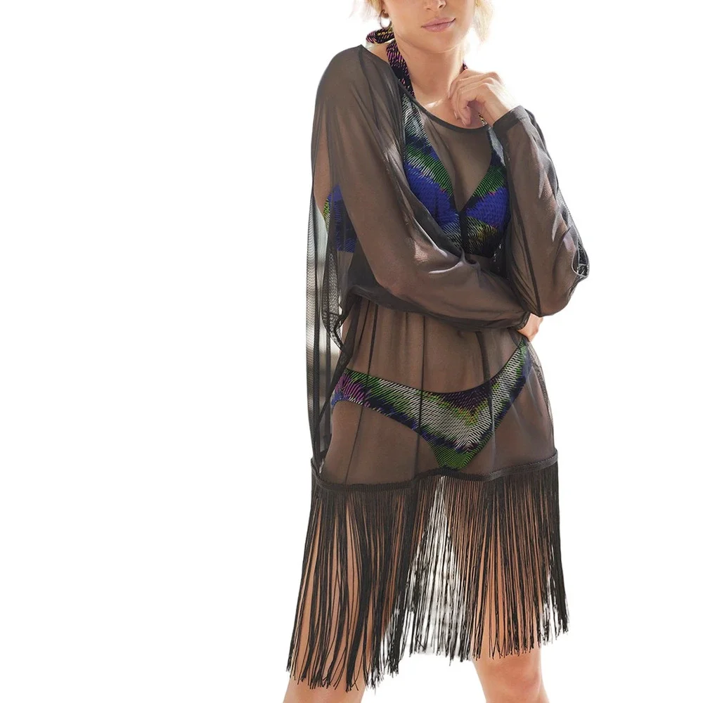 Venus Black Sheer Fringed Long-Sleeve Cover-Up Size 1X/2X - Picture 2 of 5